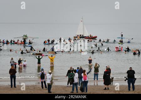 Edinburgh Scotland, Vereinigtes Königreich, 20. Mai 2023. Surfer gegen Abwasser nationaler Aktionstag mit einheimischen Schwimmer und Surfern am Portobello Beach, um ein Ende der Abwasserentsorgung zu fordern. Live-Nachrichten von sst/alamy Stockfoto