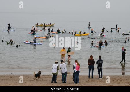 Edinburgh Scotland, Vereinigtes Königreich, 20. Mai 2023. Surfer gegen Abwasser nationaler Aktionstag mit einheimischen Schwimmer und Surfern am Portobello Beach, um ein Ende der Abwasserentsorgung zu fordern. Live-Nachrichten von sst/alamy Stockfoto