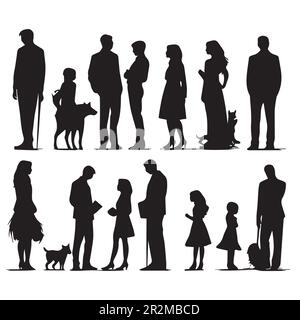 Eine schwarze Silhouette einer Familie mit einem Hundevektor. Stock Vektor