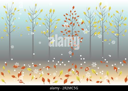 Herbst-Winter-Landschaft - Bäume, herabfallende Blätter und Schnee Stock Vektor