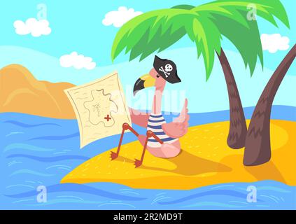 Piratenflamingo auf einer Insel-Zeichentrickfigur Stock Vektor