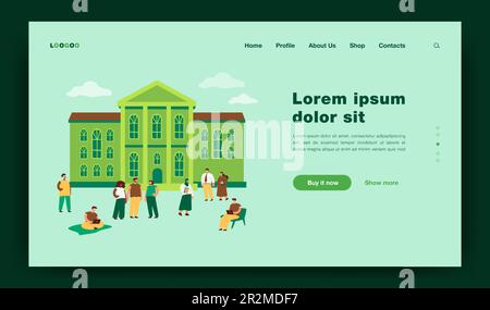 Glückliche gemischte Studenten, die vor der Universität spazieren gehen Stock Vektor