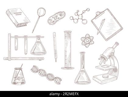 Ein Satz gravierender Zeichnungen von Symbolen der Wissenschaft Stock Vektor