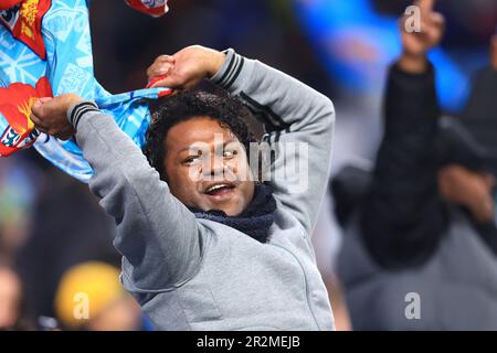 20. Mai 2023; Allianz Stadium, Sydney, NSW, Australien: Super Rugby Pacific, NSW Waratahs gegen Fidschian Drua; Fidschi-Drua-Fan jubelt ihr Team an Credit: Action Plus Sports Images/Alamy Live News Stockfoto