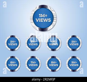Satz von 1 Millionen Ansichten bis zu 9 Millionen Ansichten blaue Crystal Metal Badge Aufkleber Clipart Vector Illustration Stock Vektor