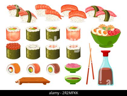 Set mit verschiedenen Sushi- und Brötchenarten, Cartoon-Illustration. Stock Vektor