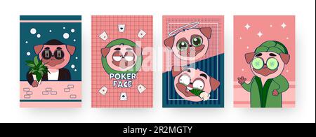Ein Set zeitgenössischer Kunstposter mit verrücktem Pug Stock Vektor