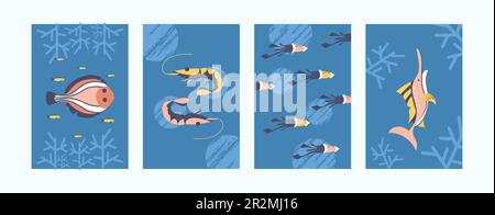 Eine Reihe von Illustrationen von Meerestieren in Pastelltönen Stock Vektor