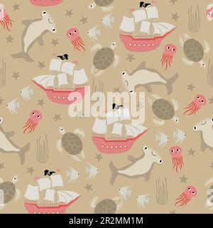 Vektormuster mit Hammerhain, Schildkröte, Seesternen, Quallen. Unterwasser-Cartoon-Kreaturen. Meereshintergrund. Süßes Meeresmuster für Stock Vektor