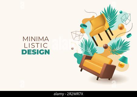 3D Möbel. Innendesign. Realistisches Zuhause elegantes weiches Sofa und Sessel. Komfortabler Stuhl für Wohnzimmer. Ein leichtes Modell für den Verkauf von Modekunst. Pa Stock Vektor