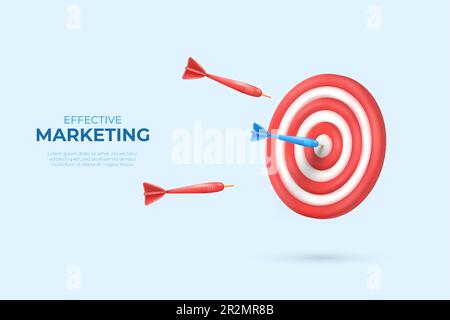 3D Business, Finanzmarketing. Effektives Anvisieren, realistische Pfeile und Ziele, Darts-Spielkonzept. Karriereerfolg. Elemente rendern, Web banne Stock Vektor