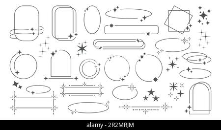 Ästhetische Rahmenelemente. Y2K Sterne und Linien, minimalistisches geometrisches, niedliches Design, minimalistische Ovals und Bogen, glitzernde Retro-Figuren. Dekorative Zusammenfassung, s Stock Vektor