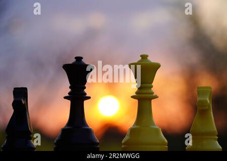 Schachfiguren bei Sonnenuntergang und goldener Stunde Stockfoto