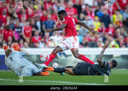 Taiwo Awoniyi vom Nottingham Forest erzielt beim Premier League-Spiel zwischen Nottingham Forest und Arsenal am 20. Mai 2023 in Nottingham, Großbritannien, 1-0 Punkte (Foto: Ritchie Sumpter/Alamy Live News) Stockfoto