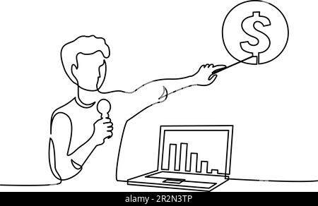 Junger Mann macht Finanzbericht mit Notizbuch. Durchgehende Zeichnung mit einer Linie. Eine einzeilige grafische Darstellung des Entwurfsvektors. Stock Vektor