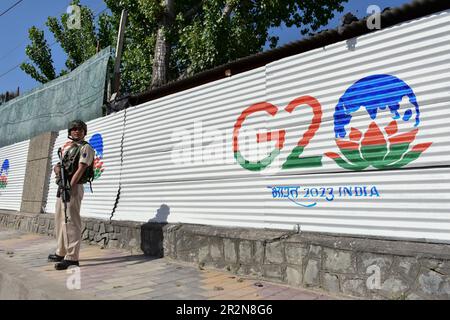 Srinagar, Indien. 20. Mai 2023. Ein paramilitärischer Soldat steht vor dem G20. Treffen in Srinagar in Alarmbereitschaft. Das mit Spannung erwartete G20-Treffen findet vom 22. Mai bis 24. Mai in Kaschmir statt. (Kreditbild: © Saqib Majeed/SOPA Images via ZUMA Press Wire) NUR REDAKTIONELLE VERWENDUNG! Nicht für den kommerziellen GEBRAUCH! Stockfoto