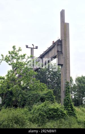 Verlassene Fabrik voller Pflanzen und Gras mit Mohn im Vordergrund an einem bewölkten Tag Stockfoto