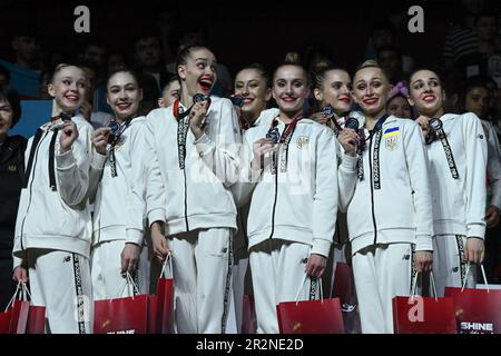 Milli Gimnastika Arena, Baku, Aserbaidschan, 18. Mai 2023, Ukraina Silbermedaillenteam während der Europameisterschaft in Rhythmnastik - Senior Grou Stockfoto