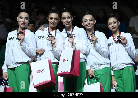 Milli Gimnastika Arena, Baku, Aserbaidschan, 18. Mai 2023, Bulgariens Goldmedaille während der Europameisterschaft in Rhythmgymnastik - Senioren Stockfoto