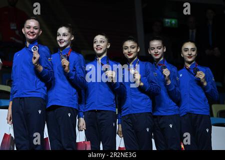 Milli Gimnastika Arena, Baku, Aserbaidschan, 18. Mai 2023, Aserbaidschan Bronzemedaille bei der Europameisterschaft in Rhythmgymnastik - SE Stockfoto