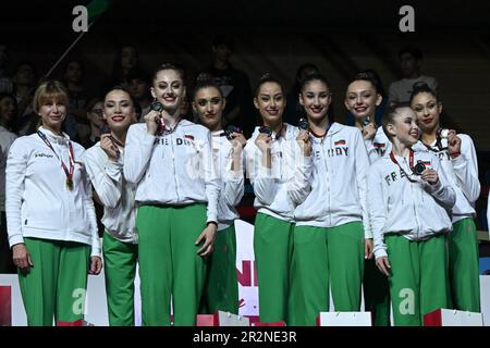 Milli Gimnastika Arena, Baku, Aserbaidschan, 18. Mai 2023, Bulgarische Goldmedaillenmannschaft bei der Europameisterschaft in Rhythmgymnastik - Seniorengruppe Stockfoto