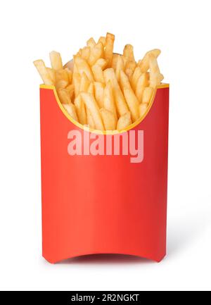 Pommes frites in einem roten Karton isoliert auf weiss Stockfoto