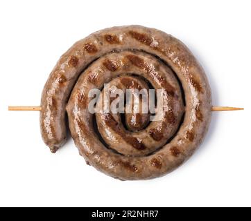 Gegrillte Würstchen auf weißem Hintergrund Stockfoto