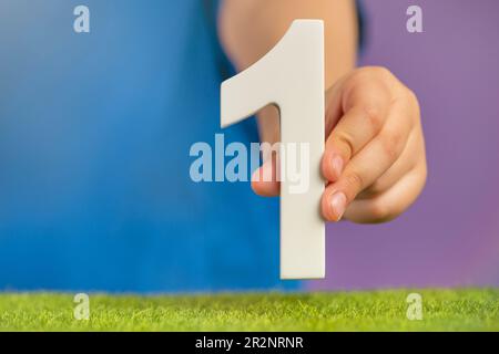 Nummer 1 in der Hand. Hand mit weißer Nummer eins über grünem Gras und lila Hintergrund, Geburtstagskonzept, erster oder Sieger, 1. Januar, Single Stockfoto