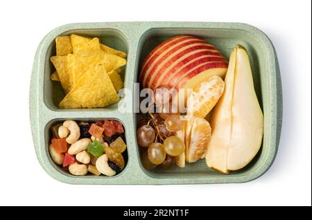 Lunchbox mit köstlichem Essen isoliert auf weißem Hintergrund Stockfoto