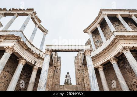 Details zum römischen Theater von Merida in Extremadura, Spanien. Erbaut in den Jahren 16 bis 15 BCE, ist es immer noch eines der berühmtesten und besuchten Wahrzeichen Stockfoto