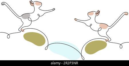 Abstraktes Bild von 2 Katzen zueinander, gezeichnet durch eine durchgehende Linie. Katzentag. Minimalistische Kunst. Symbol. Isolieren. Design für Poster, Banner, Broschüren oder Preisschilder, Etiketten oder Karten. Vektor. EPS. Stock Vektor