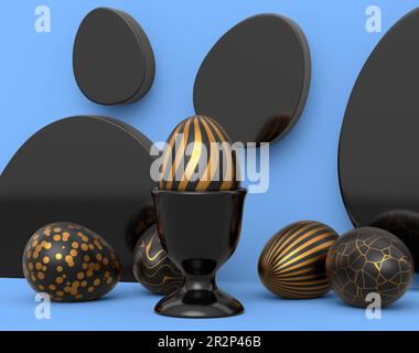 Goldenes und schwarzes Osterei auf dem Podium und verstreute Eier auf blauem Hintergrund Stockfoto