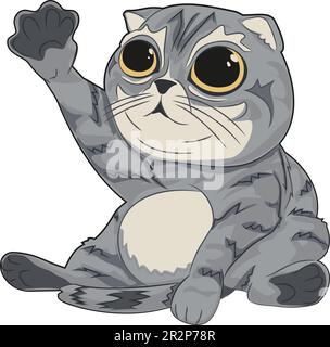 Cartoon verlassene Katze Scottish Fold. Beleidigte sitzende Katze züchtete schottische Falte mit einer erhobenen Vorderpfote. Vektordarstellung einer voll sitzenden Katze Stock Vektor