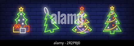 Tannenbäume und Geschenkboxen, Neonschilder Stock Vektor