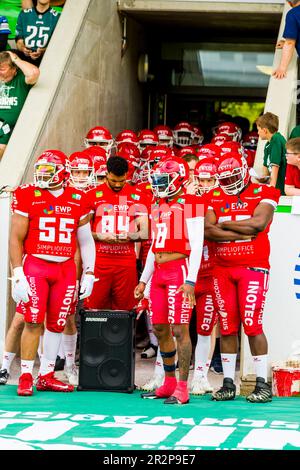 erima GFL / Deutsche Fußballliga, Interconferencegame Schwaebisch Hall Einhörner vs. Potsdam Royals, Mai 20,2023 Einlauf Potsdam Royals Stockfoto