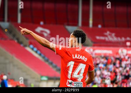 20. Mai 2023: ALMERIA, SPANIEN - 20. MAI: Vinicius Lazaro von UD Almeria feiert sein Tor während des Spiels zwischen UD Almeria und RCD Mallorca von La Liga Santander am 20. Mai 2023 im PowerHorse Stadium in Almeria, Spanien. (Kreditbild: © Samuel CarreÃ±O/PX Imagens via ZUMA Press Wire) NUR REDAKTIONELLE VERWENDUNG! Nicht für den kommerziellen GEBRAUCH! Stockfoto