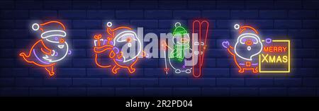 Santa Clauses Neonschilder und Merry Xmas Schriftzug Stock Vektor