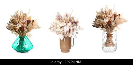 Collage mit getrockneten Blumensträußen in Vasen auf weißem Hintergrund. Bannerdesign Stockfoto