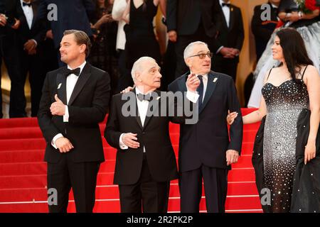 Leonardo DiCaprio, Martin Scorsese, Robert De Niro und Cara Jade Myers nehmen am 20. Mai 2023 während des Filmfestivals 76. in Cannes im Palais des Festivals in Cannes, Frankreich, an der Premiere „Killers of the Flower Moon“ Teil. Stockfoto