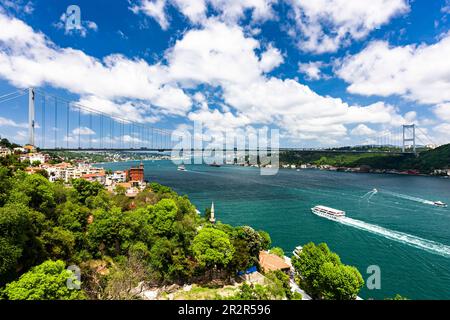 Fatih Sultan Mehmet Brücke, von der Rumeli Festung, Bosporus Straße, Istanbul, Sarıyer, Truthahn Stockfoto