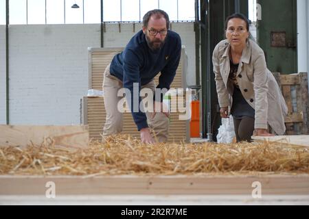 Michelstadt, Deutschland. 12. Mai 2023. Susanne Körner und Tilman Schäberle von der Architekturfirma Shaktihaus prüfen Komponenten für ein Gebäude aus lokalen Rohstoffen. In Michelstadt wird ein Büro- und Fabrikgebäude aus Holz und Stroh errichtet. (An dpa: 'Vom Feld bis zur Wand - Haus aus heimischen Rohstoffen') Kredit: Oliver Pietschmann/dpa/Alamy Live News Stockfoto