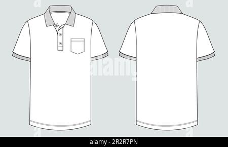 Kurzärmeliges Poloshirt Technische Mode insgesamt Drawing Flat Skizzenvorlage Vorder- und Rückansicht. Bekleidungskleid Design Vektormodell Stock Vektor