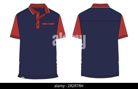 Kurzärmeliges Poloshirt Technische Mode insgesamt Drawing Flat Skizzenvorlage Vorder- und Rückansicht. Bekleidungskleid Design Vektormodell Stock Vektor