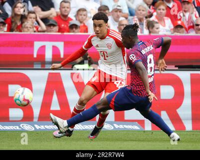 München, Deutschland. 20. Mai 2023. Jamal Musiala (L) von Bayern München wehrt sich mit Amadou Haidara von RB Leipzig während des deutschen Bundesliga-Fußballspiels in der ersten Abteilung zwischen Bayern München und RB Leipzig in München, 20. Mai 2023. Kredit: Philippe Ruiz/Xinhua/Alamy Live News Stockfoto