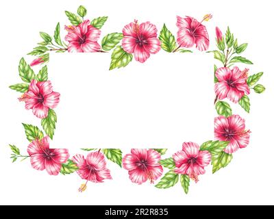 Aquarell quadratische Hibiskusblumen Rahmen isoliert auf weiß. Aquarelldarstellung für das Design von Karten, Einladungen, Logos, Visitenkarten und PR Stockfoto