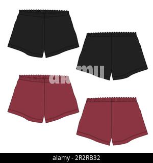 Sweat Shorts Hose Technisches Zeichnen Fashion flacher Skizzenvektor Illustration Vorlage Vorder- und Rückansicht. Stock Vektor