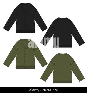Cardigan Technische Zeichnung Mode flache Skizze Vektor Illustration Vorlage Vorder- und Rückansicht Stock Vektor
