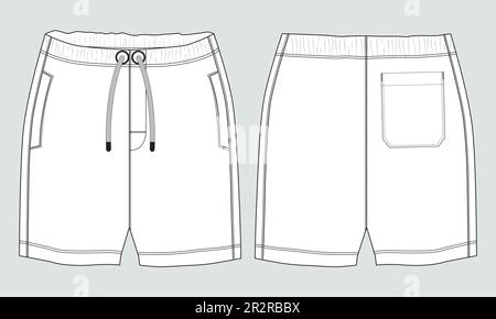 Sweat Shorts Hose Technisches Zeichnen Fashion flacher Skizzenvektor Illustration Vorlage Vorder- und Rückansicht. Stock Vektor