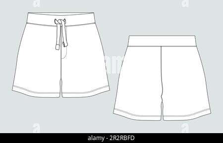 Sweat Shorts Hose Technisches Zeichnen Fashion flacher Skizzenvektor Illustration Vorlage Vorder- und Rückansicht. Stock Vektor