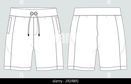 Sweat Shorts Hose Technisches Zeichnen Fashion flacher Skizzenvektor Illustration Vorlage Vorder- und Rückansicht. Stock Vektor